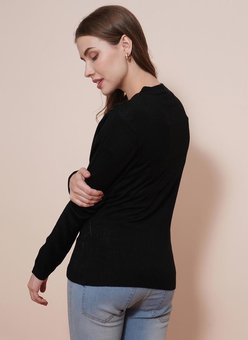 جلو باص كارديجان نسائي أسود بياقة على شكل حرف  وحافة مضلعة بتصميم ذاتي - Image 4